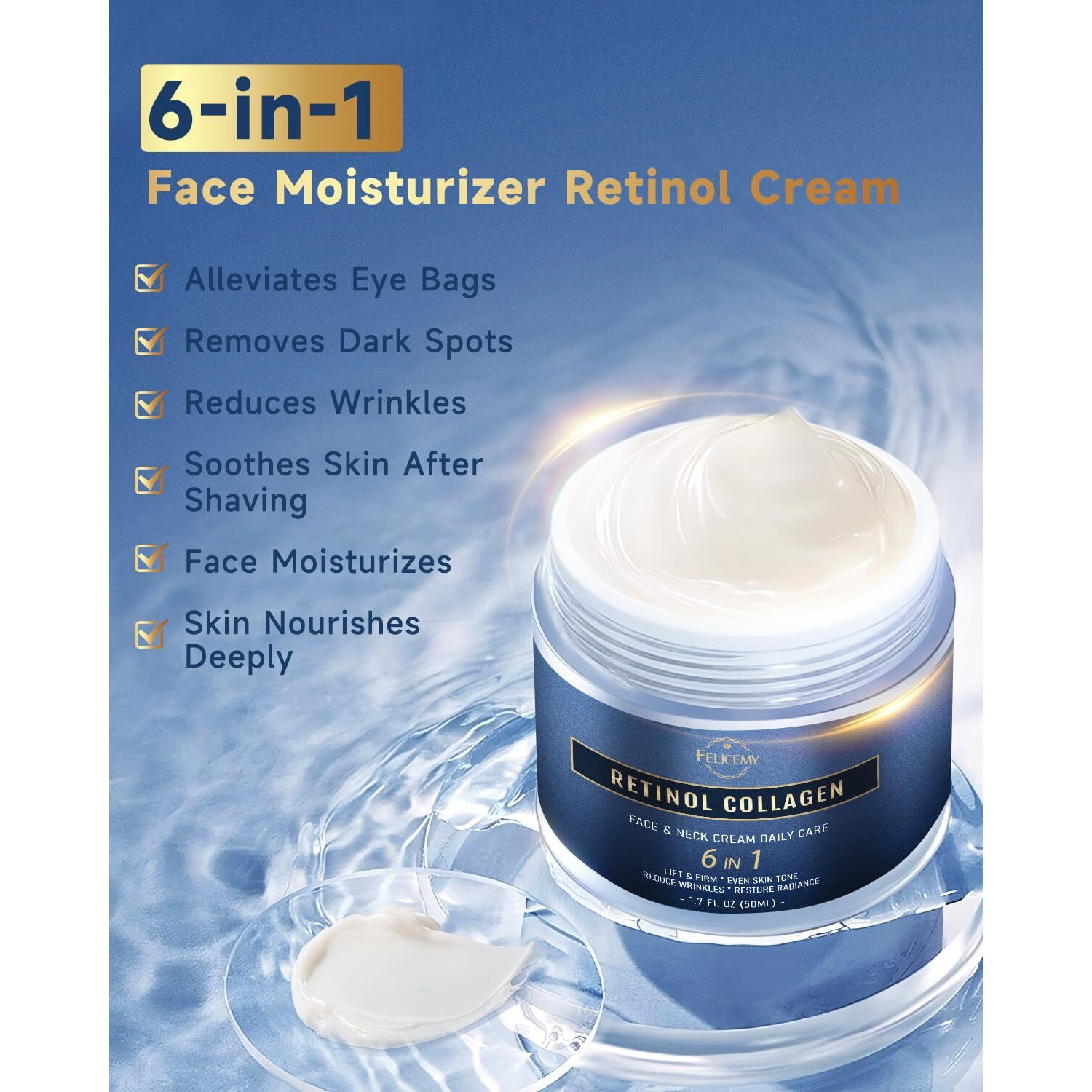 Felicemy 6-In-1 Face Cream For Men, Mens Face Moisturizer, Anti-Aging Face Cream For Men With Retinol Collagen & Hyaluronic Acid, Eye Bags & Dark Spot Remover, After Shave Lotion 1.7 Fl Oz