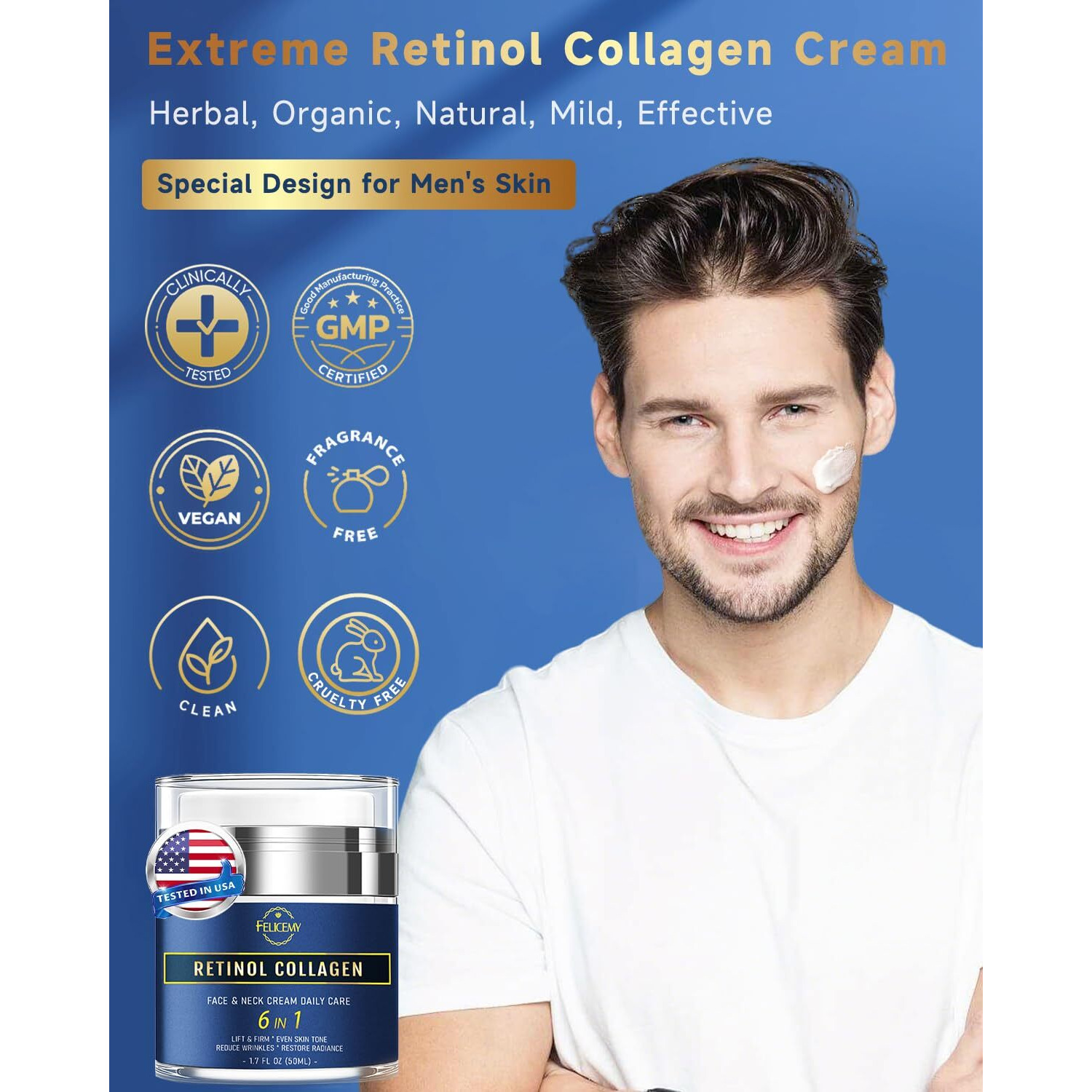 Felicemy 6-In-1 Face Cream For Men, Mens Face Moisturizer, Anti-Aging Face Cream For Men With Retinol Collagen & Hyaluronic Acid, Eye Bags & Dark Spot Remover, After Shave Lotion 1.7 Fl Oz
