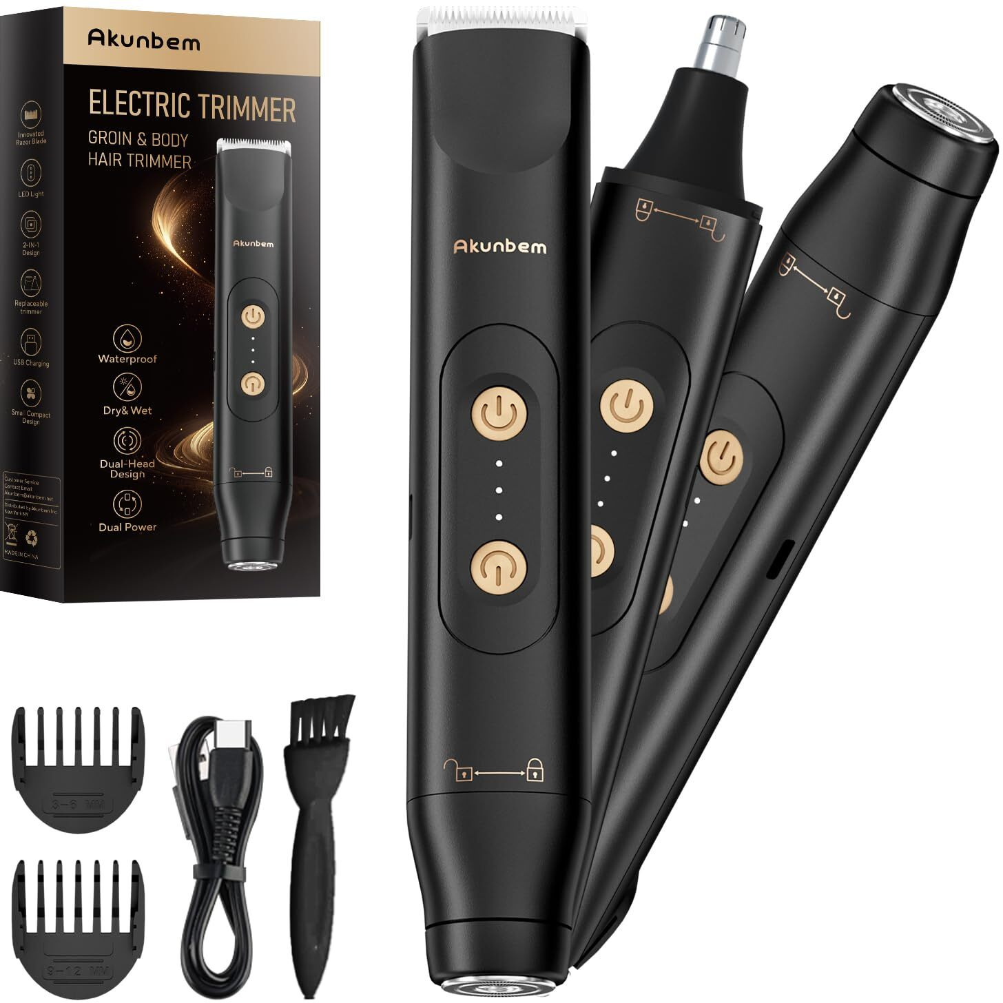 Akunbem All In 1 Groin & Body Hair Trimmer For Men Bikini Trimmer Women Electric Ball Pubic Shaver Ipx7 Waterproof Wet & Dry Use Versatile Shaver For Temple Groin Nose Ear Hairs Beard, Black