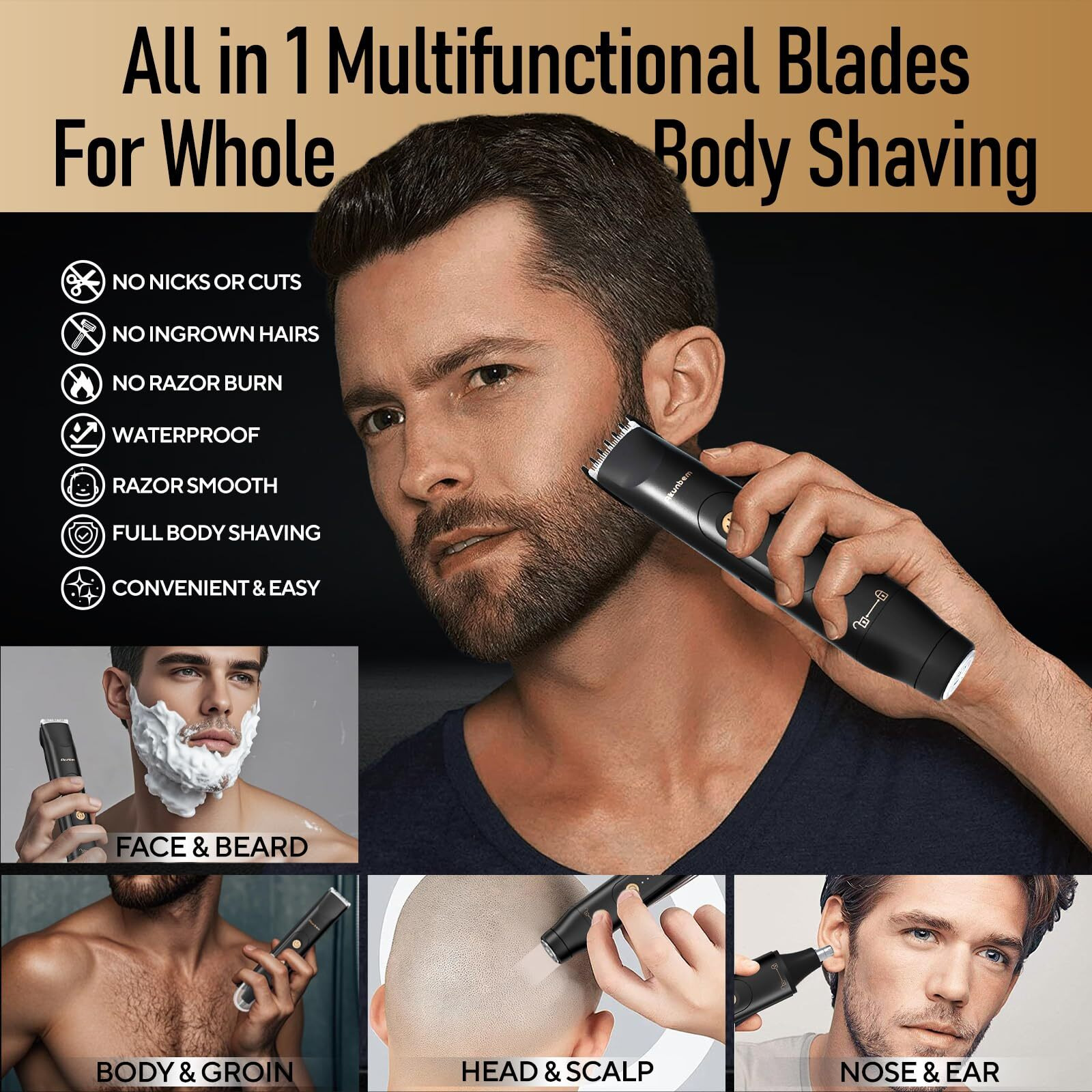 Akunbem All In 1 Groin & Body Hair Trimmer For Men Bikini Trimmer Women Electric Ball Pubic Shaver Ipx7 Waterproof Wet & Dry Use Versatile Shaver For Temple Groin Nose Ear Hairs Beard, Black
