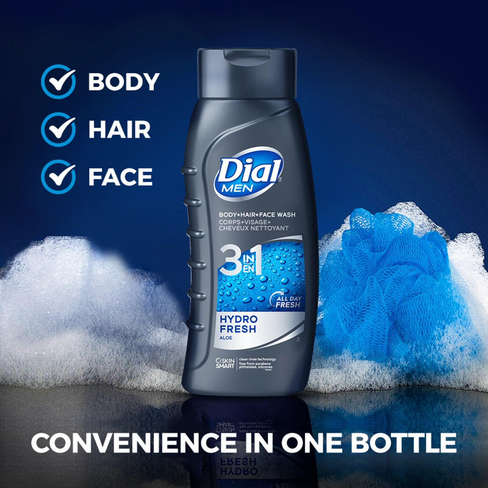 Dial Men 3In1 Body, Hair And Face Wash, Hydro Fresh, 16 Fl Oz, Pack Of 6