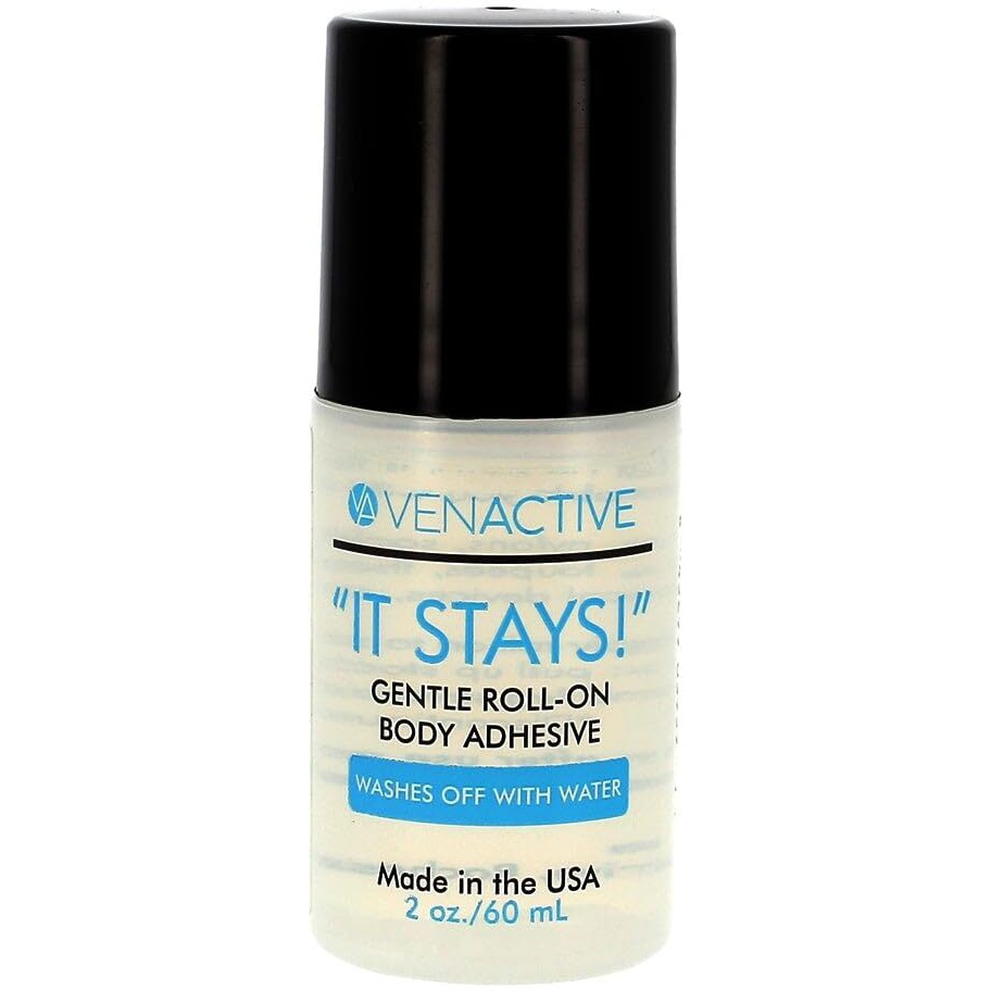 Venactive It Stays Body Glue - Gentle Roll-On Body Adhesive For Support Stockings, Armsleeves, Shoulder Straps, Bra Straps, Wigs, Costumes, Theatrical Makeup - 2 Oz Roll-On