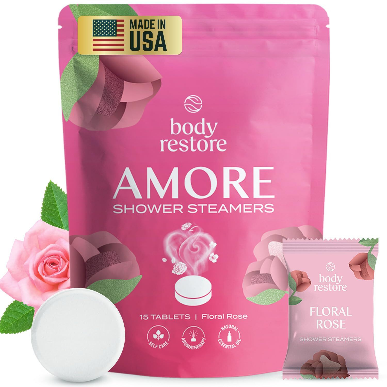 Body Restore Shower Steamers Aromatherapy 15 Pack - Birthday Gifts For Women, Men, Travel Essentials, Stress Relief, Relaxation, Self Care - Rose