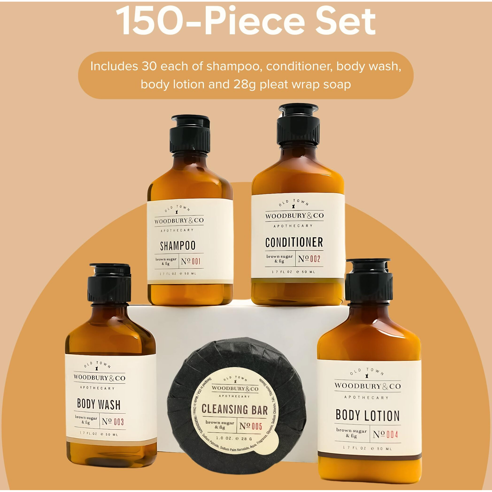 Woodbury & Co Travel Size Shampoo Conditioner Body Wash Lotion & Soap (150 Pk, 1.7 Oz Each), Guest Bathroom Essentials Toiletries Airbnb Bulk Mini Sets Hygiene Kits Paraben Free Air Bnb Toiletry