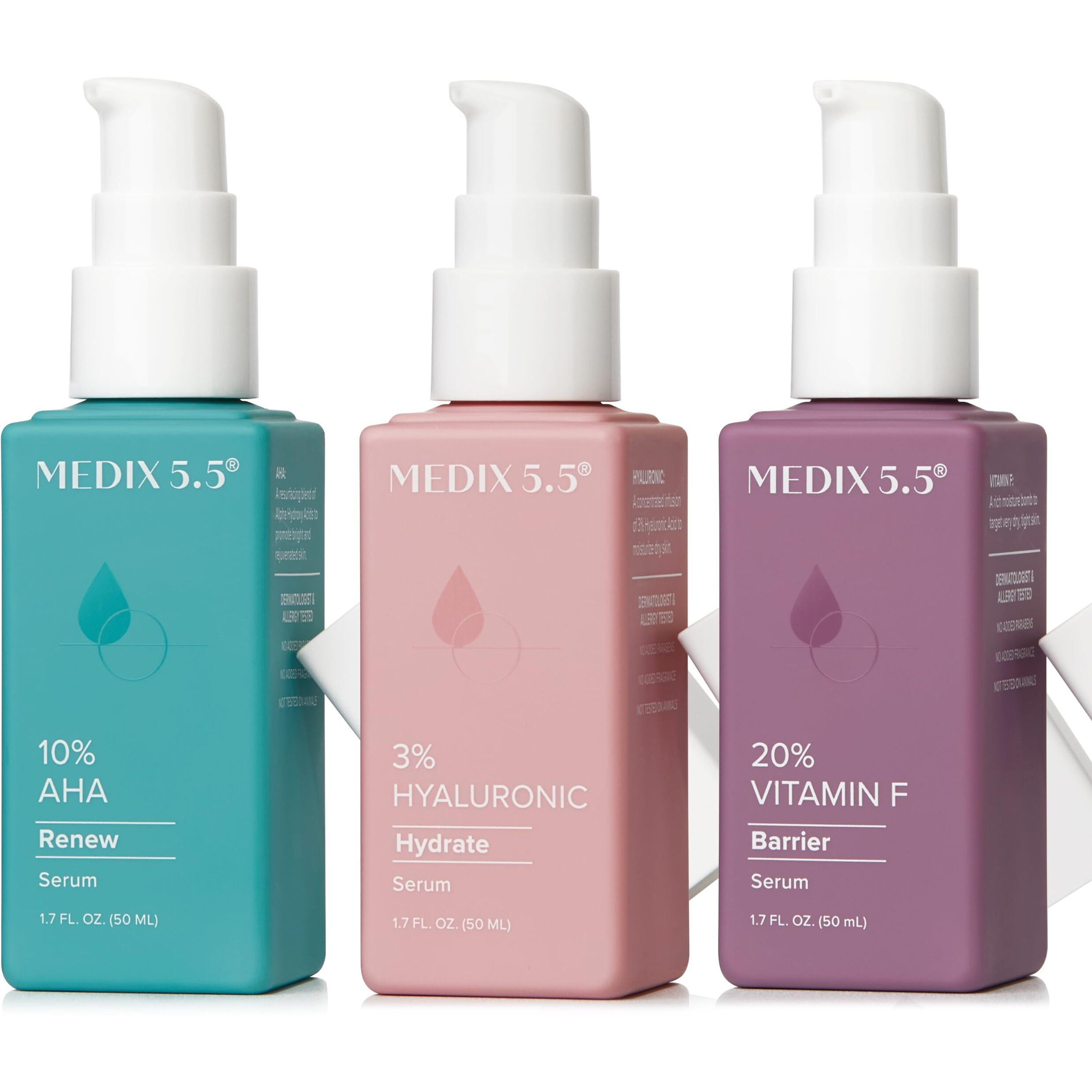 Medix 5.5 Anti Aging Body & Face Serum 3Pc Bundle, 10% Aha Exfoliating Serum + 3% Hyaluronic Acid Hydrating Serum + 20% Vitamin F Oil Body Booster & Facial Serum For Daily Skin Care Routine
