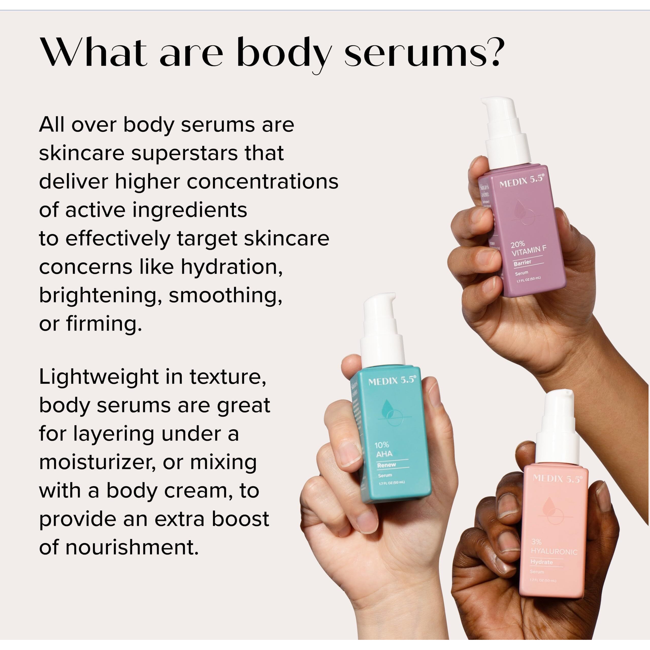 Medix 5.5 Anti Aging Body & Face Serum 3Pc Bundle, 10% Aha Exfoliating Serum + 3% Hyaluronic Acid Hydrating Serum + 20% Vitamin F Oil Body Booster & Facial Serum For Daily Skin Care Routine
