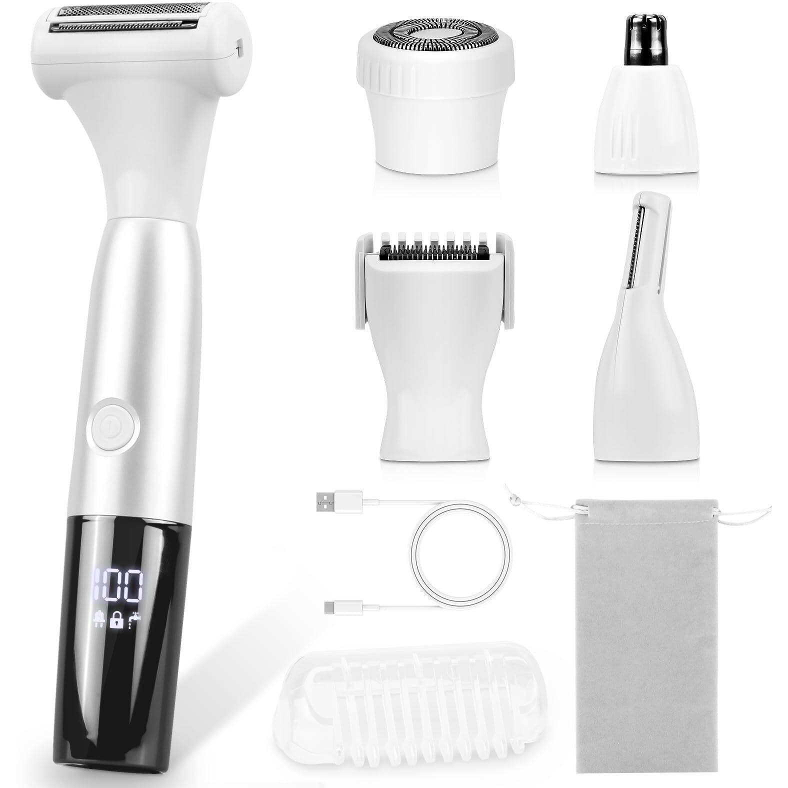 5 In 1 Bikini Trimmer For Women - Electric Razors For Women, Cordless Rechargeable Electric Shaver, Ipx7 Waterproof Wet Dry Lady Body Hair Remover For Face Nose Eyebrow Arm Leg Pubic Armpit Bikini