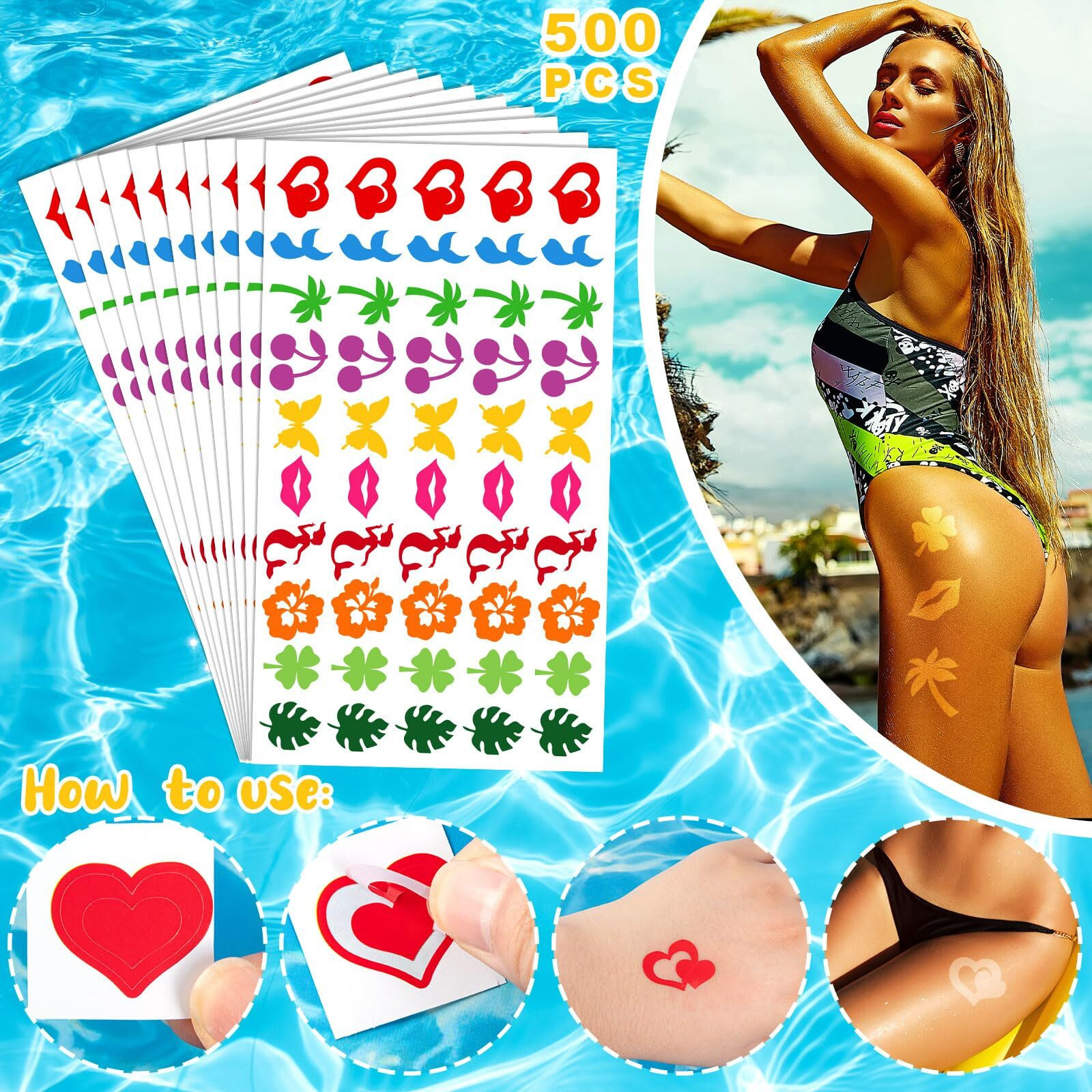 Tanning Sunbathing Stickers, 500Pcs Self Adhesive Removable Body Stickers For Woman Kids Summer Beach Face Body Accessories