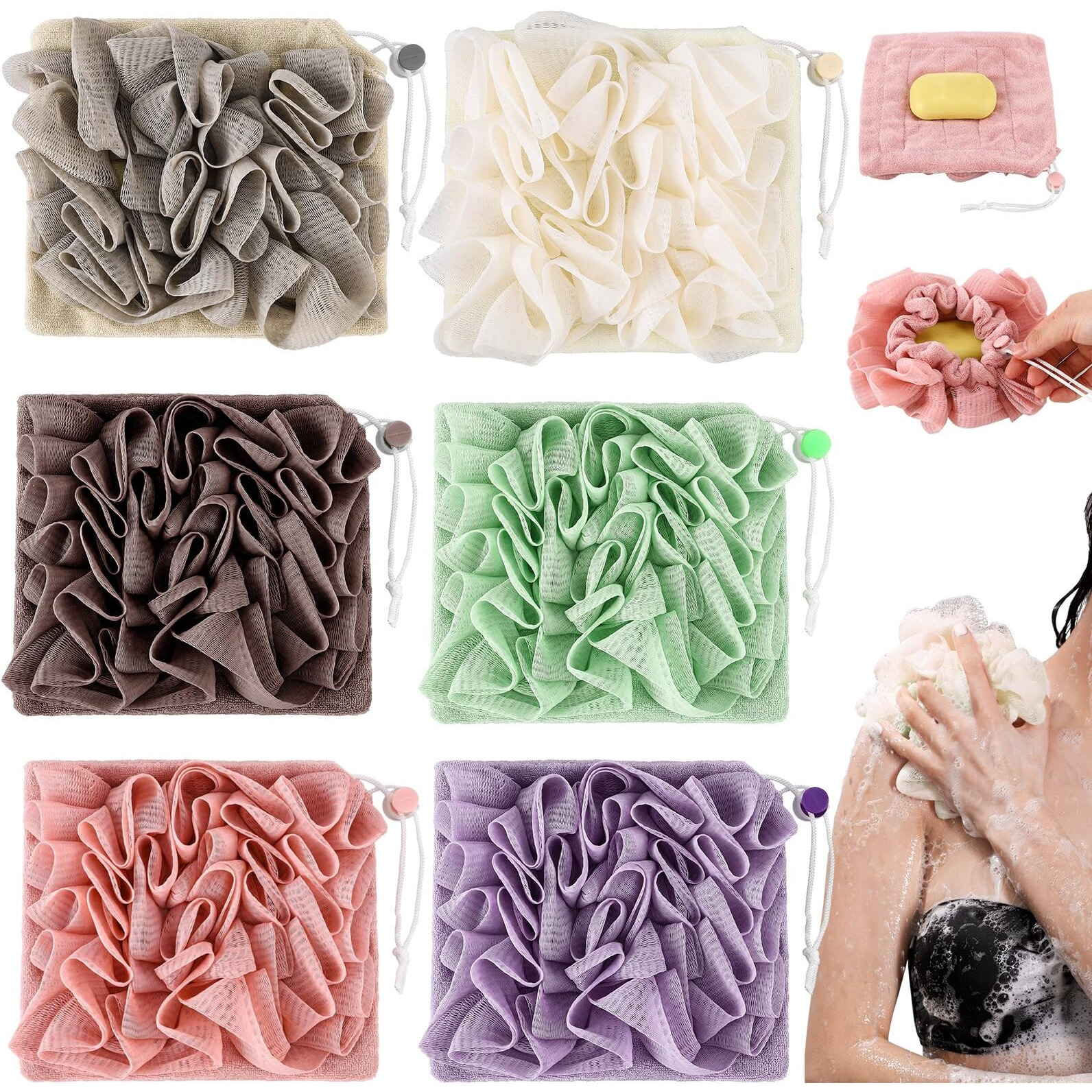 Swiffen 6 Pcs Washcloth Loofah Combo, 2 In 1 Bath Loofah Sponge With Drawstring, Exfoliation Mesh Shower Puff Ball For Body Wash Cleansing And Smooth Skin(Multicolor)