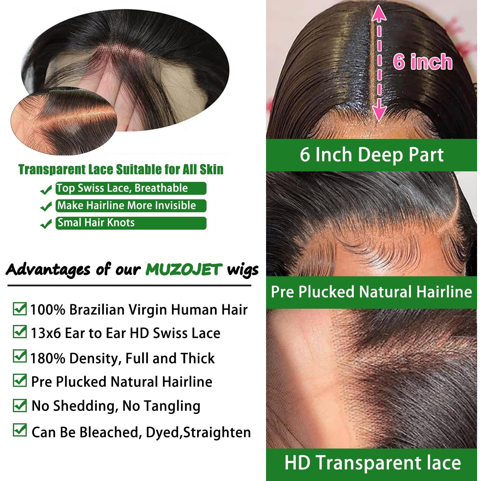 Muzojet Glueless Wigs Human Hair Pre Plucked Human Hair Wigs For Black Women Hd Body Wave Lace Front Wigs Human Hair 180 Density 13X6 Lace Front Wigs Human Hair Pre Plucked 10A Long Black Wig 22 Inch