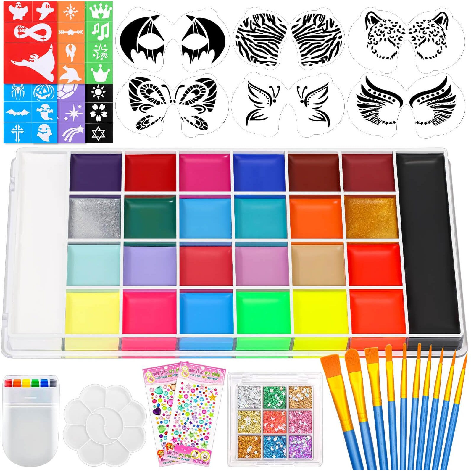 Professional Face Painting Kit, 26 Colors Oil Palette Face Paint With 6 Stencils, 41 Stencil Stickers, 10 Brushes, 9 Body Glitter, 2 Sheets Adhesive Gems, Rainbow Facepaint For Kids Party & Halloween