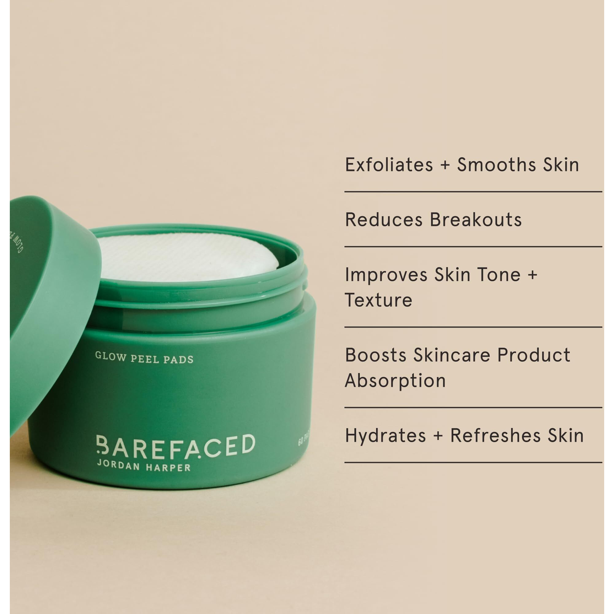 Barefaced Glow Peel Pads (60 Count) - Deep Exfoliating Face & Body Pads With 15% Glycolic Acid, Squalane & Vitamin E - Smooths Texture, Reduces Breakouts & Fine Lines
