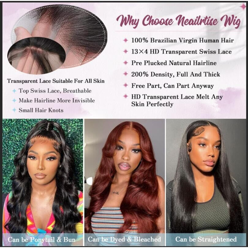 Neailrtise 26 Inch Body Wave Lace Front Wigs Human Hair Pre Plucked 200% Density 13X4 Hd Lace Frontal Wigs Human Hair For Women 10A Body Wave Glueless Wig With Baby Hair