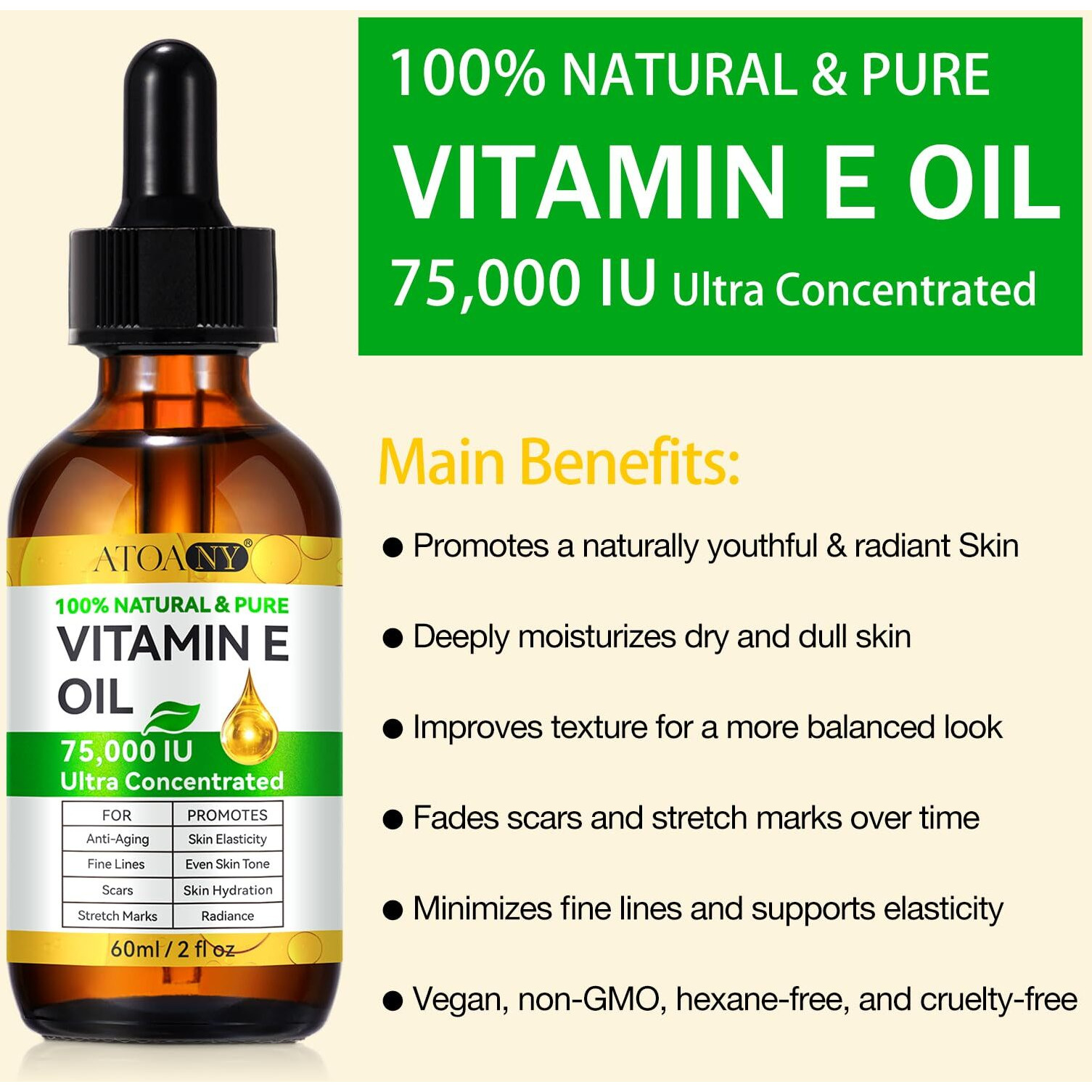Vitamin E Oil, Organic Pure Vitamin E Oil, Vitamin E Oil Blend 75,000 Iu For Plump Skin, Reduce Fine Lines & Scars, Moisturizing Skin, For Skin, Scars, Face & Full Body- 2Fl Oz