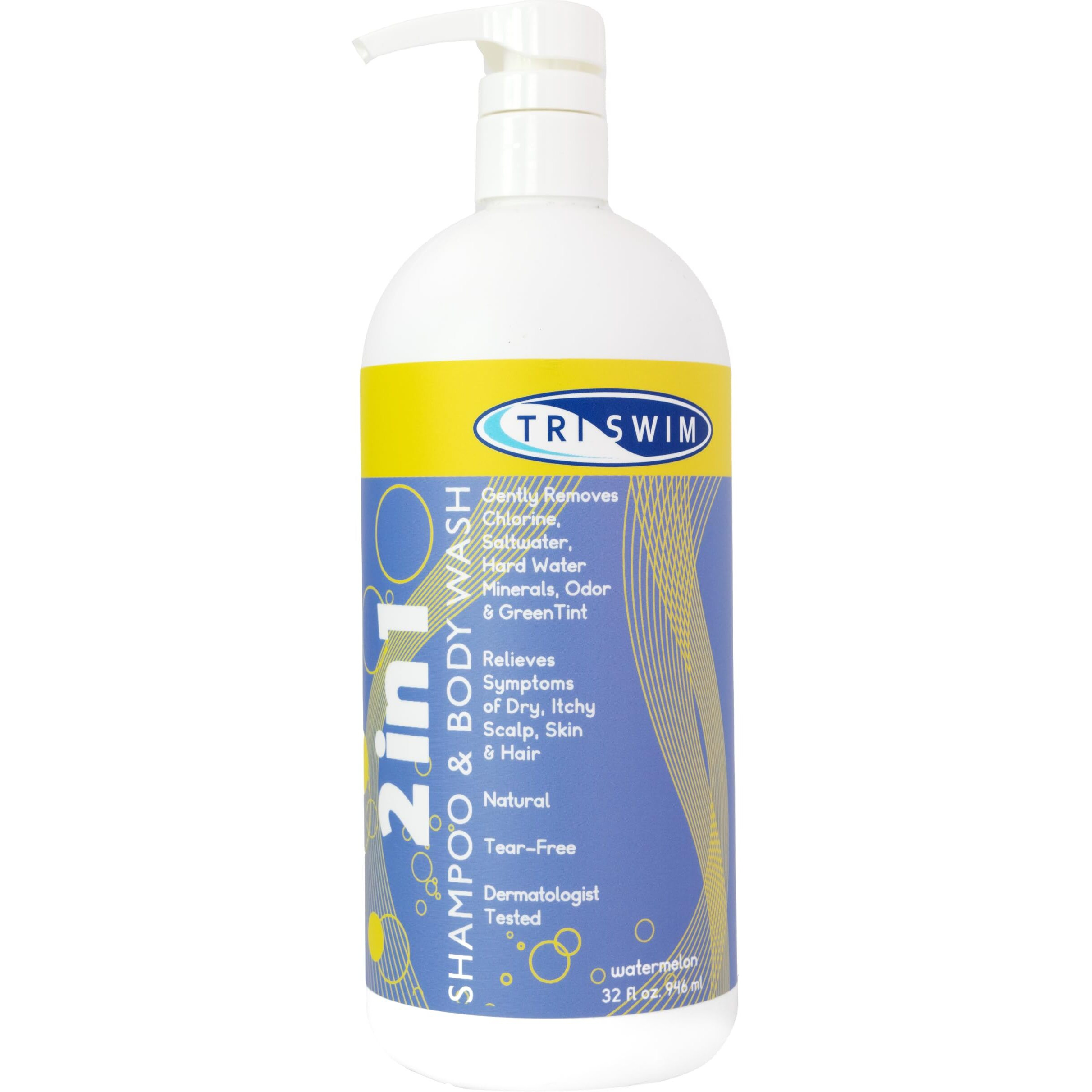 Triswim 2-In-1 Chlorine-Out Shampoo & Body Wash 32Oz | Removes Chlorine, Saltwater, Hard Water Minerals, Copper, Green Tint | Vegan, Tear-Free, No Parabens | Watermelon Scent