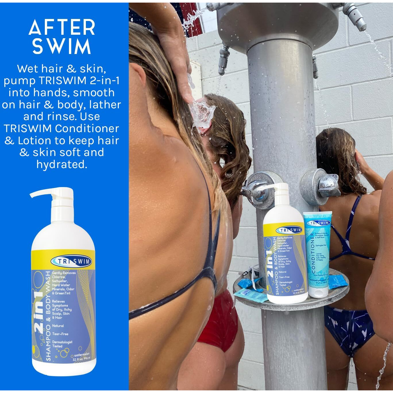 Triswim 2-In-1 Chlorine-Out Shampoo & Body Wash 32Oz | Removes Chlorine, Saltwater, Hard Water Minerals, Copper, Green Tint | Vegan, Tear-Free, No Parabens | Watermelon Scent