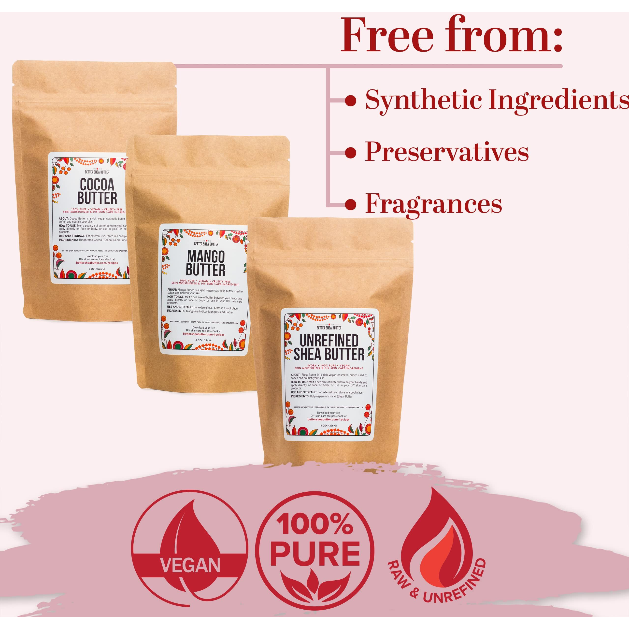 Better Shea Butter Set Of Raw Shea Butter, Raw Mango Butter, Unrefined Cocoa Butter For Soap Making And Diy Body Butters, Lip Balms, Body Lotions - Each Jar Is 8 Oz Making 24 Oz Total (3-Bar Set)