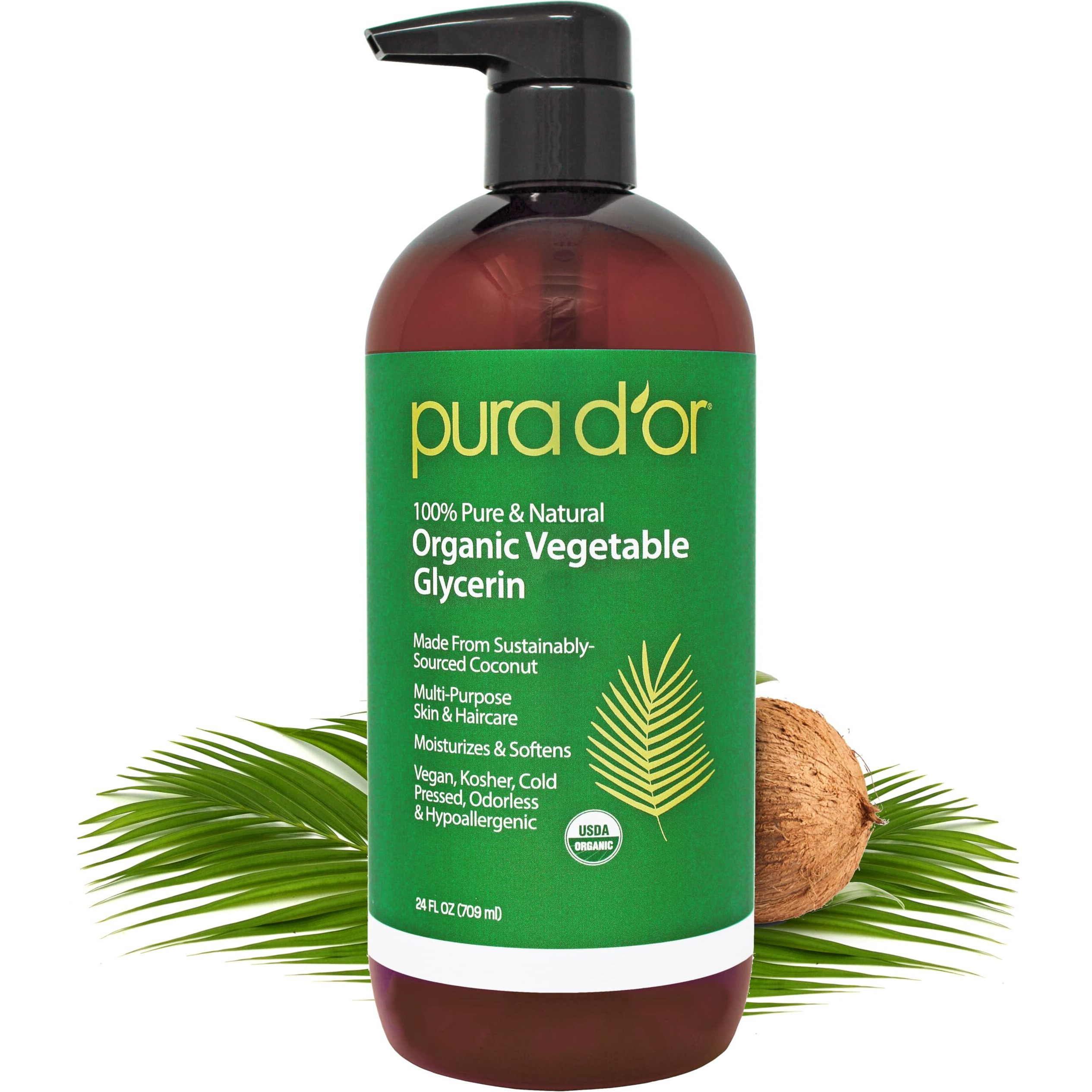 Pura D'Or 24 Oz Organic Vegetable Glycerin - Derived From Coconut - Clear & Odorless - 100% Pure Premium Grade, Non-Gmo, Kosher, Vegan, Cold Pressed, For Hair & Body - Diy Skin Care Base