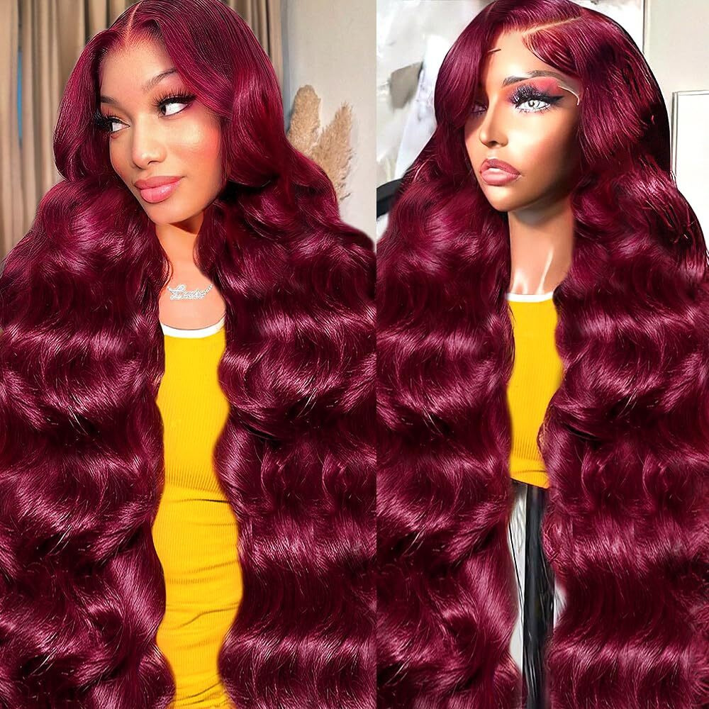 Nollipopco 28 Inch Burgundy Wigs Human Hair 99J13X6 Hd Body Wave Lace Front Wigs Human Hair 200 Density Pre Plucked Red Wig Human Hair For Black Women