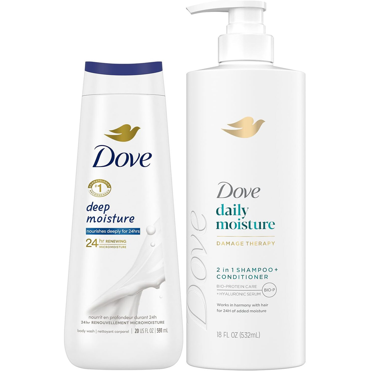Dove 2-In-1 Shampoo & Conditioner, Daily Moisture Deep Moisture Body Wash - Deep Hydration For Revitalizing Dry Hair And Skin (2 Piece Set)