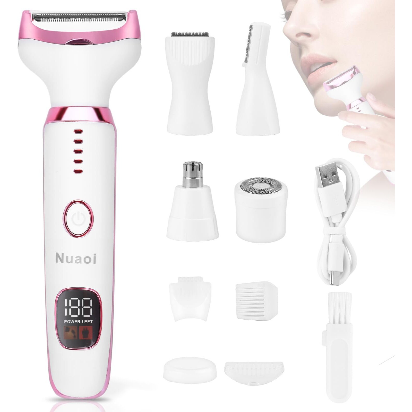 Electric Bikini Trimmer For Women - 5 In 1 Upgraded Body Face Shaver Nose Pubic Hair Trimmer Razors For Women Men Rechargeable Hair Removal Kit For Face Chin Eyebrow Arms Armpit Legs Groomer