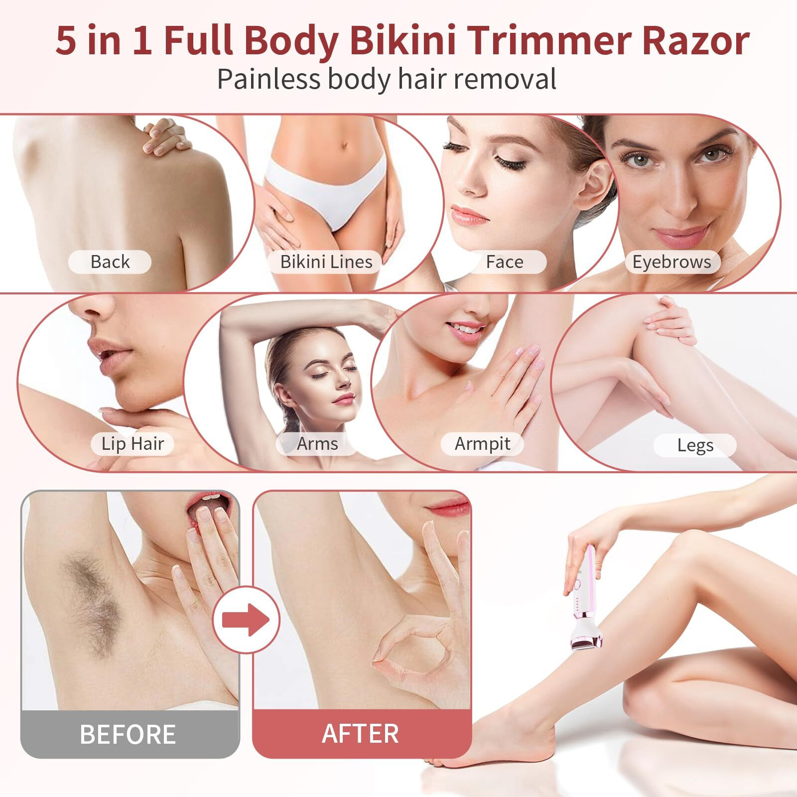 Electric Bikini Trimmer For Women - 5 In 1 Upgraded Body Face Shaver Nose Pubic Hair Trimmer Razors For Women Men Rechargeable Hair Removal Kit For Face Chin Eyebrow Arms Armpit Legs Groomer