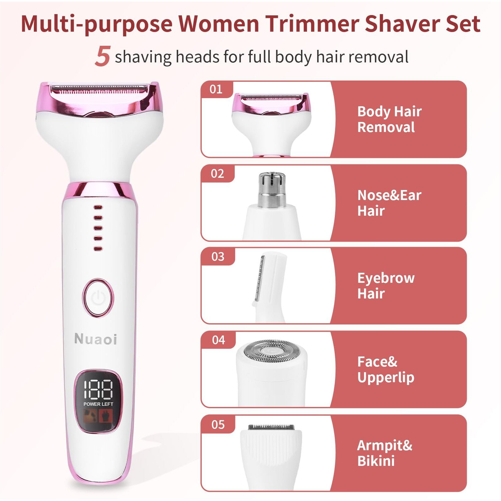 Electric Bikini Trimmer For Women - 5 In 1 Upgraded Body Face Shaver Nose Pubic Hair Trimmer Razors For Women Men Rechargeable Hair Removal Kit For Face Chin Eyebrow Arms Armpit Legs Groomer