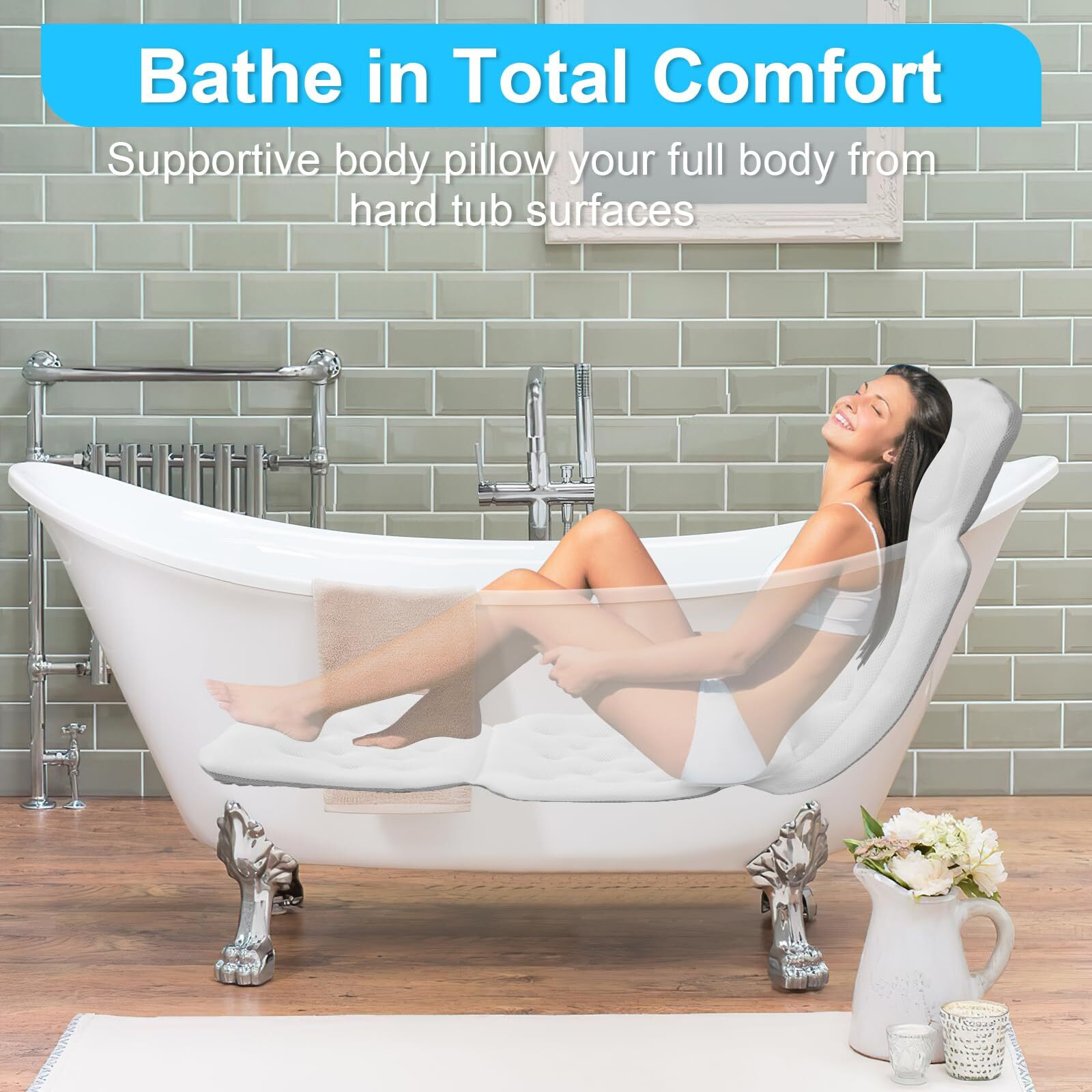 Full Body Bath Pillow For Bathtub, Luxury Bath Gifts For Women, Tub Pillow For Bath For Headrest Neck And Back Support (White)