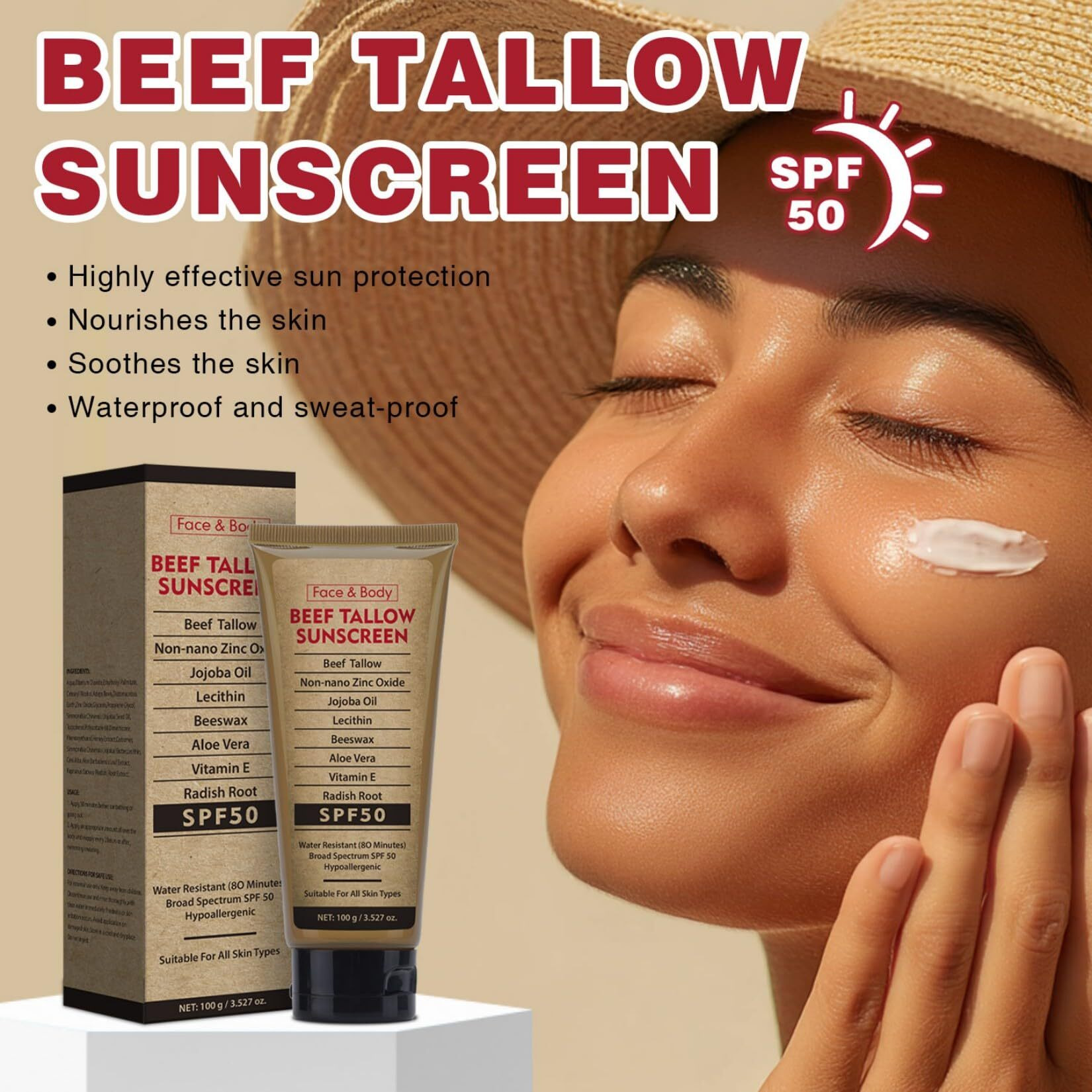 Beef Tallow Sunscreen For Face & Body - Natural Reef Safe Sunblock, Non Greasy Clean Formula, Travel-Friendly Summer Outdoor Sun Protection, 2.46 Oz