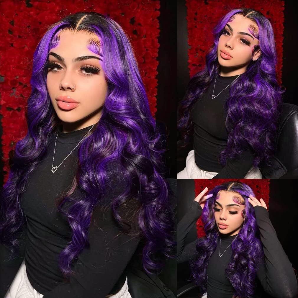 Marry Moon 13X6 Highlight Purple Ombre Human Hair Wigs For Women 180% Density 13X6 Lace Frontal Black And Purple Lace Front Wigs Human Hair Body Wave Skunk Stripe Glueless Wig Pre Plucked (28Inch)