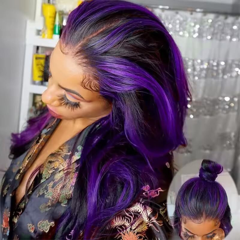 Marry Moon 13X6 Highlight Purple Ombre Human Hair Wigs For Women 180% Density 13X6 Lace Frontal Black And Purple Lace Front Wigs Human Hair Body Wave Skunk Stripe Glueless Wig Pre Plucked (28Inch)