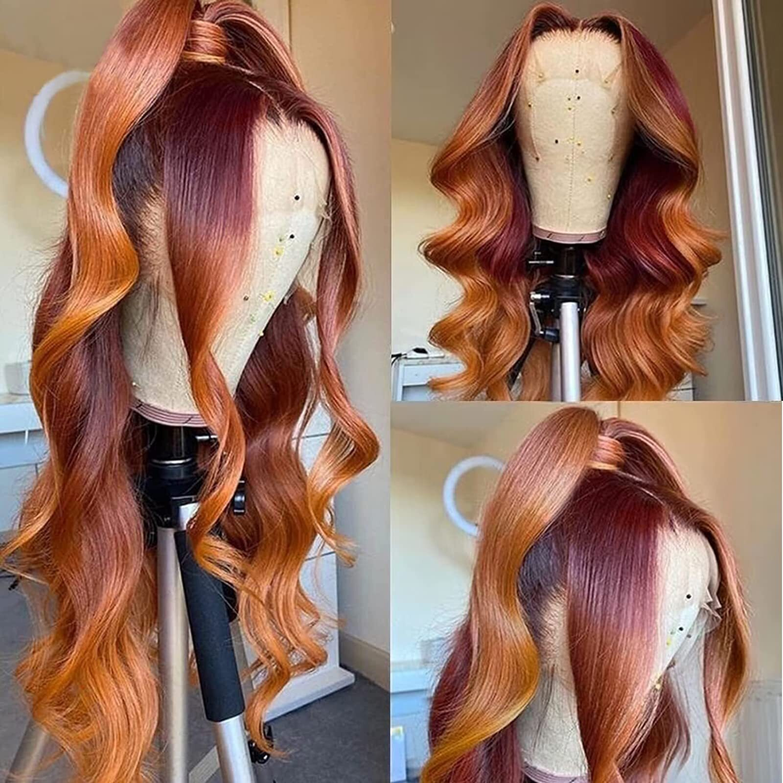 Haha 30 Inch Red Ginger Highlight Ombre Lace Front Wig Human Hair Orange Burgundy Skunk Stripe Lace Front Wig Pre Plucked 13X4 Body Wave Lace Frontal Wigs Glueless Colored 150% Density
