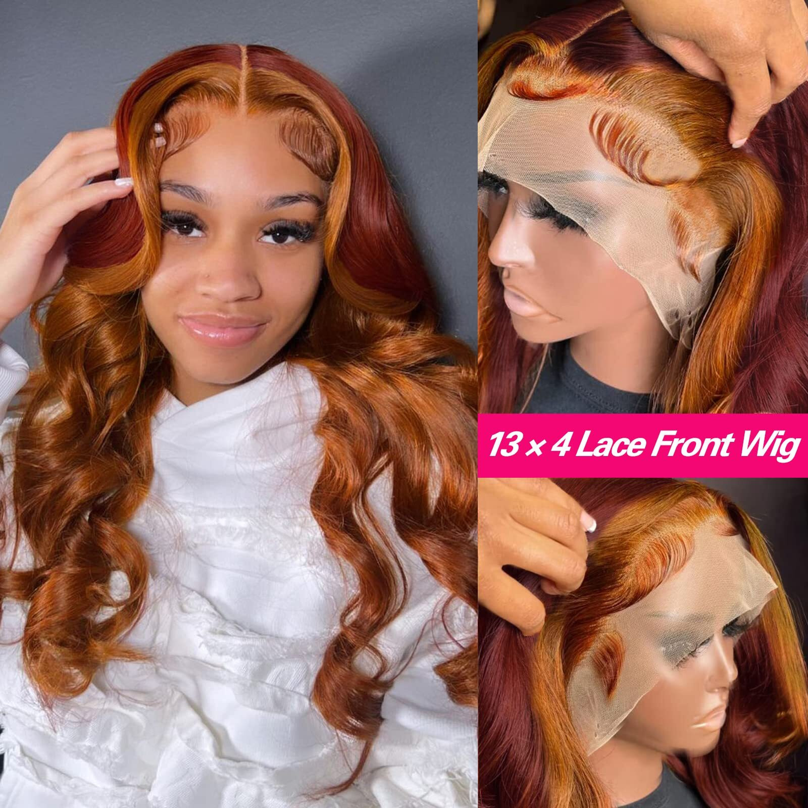 Haha 30 Inch Red Ginger Highlight Ombre Lace Front Wig Human Hair Orange Burgundy Skunk Stripe Lace Front Wig Pre Plucked 13X4 Body Wave Lace Frontal Wigs Glueless Colored 150% Density