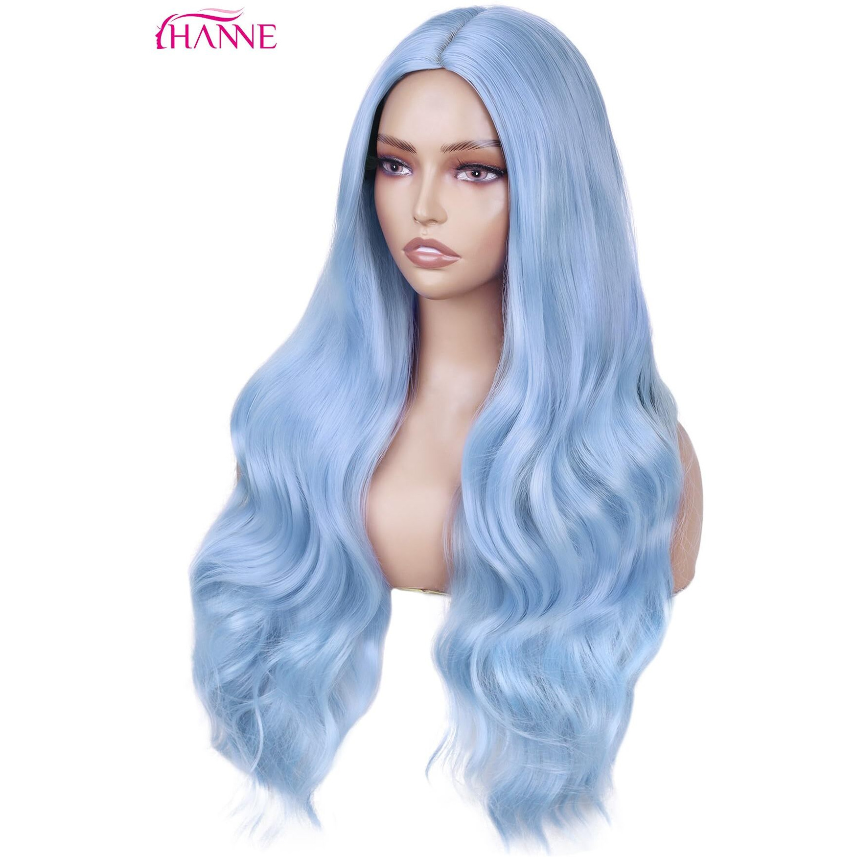 Hanne Light Blue Wig For Women 26 Inch Synthetic Wig Heat Resistant Long Body Wavy Blue Wigs For Women (Light Blue)