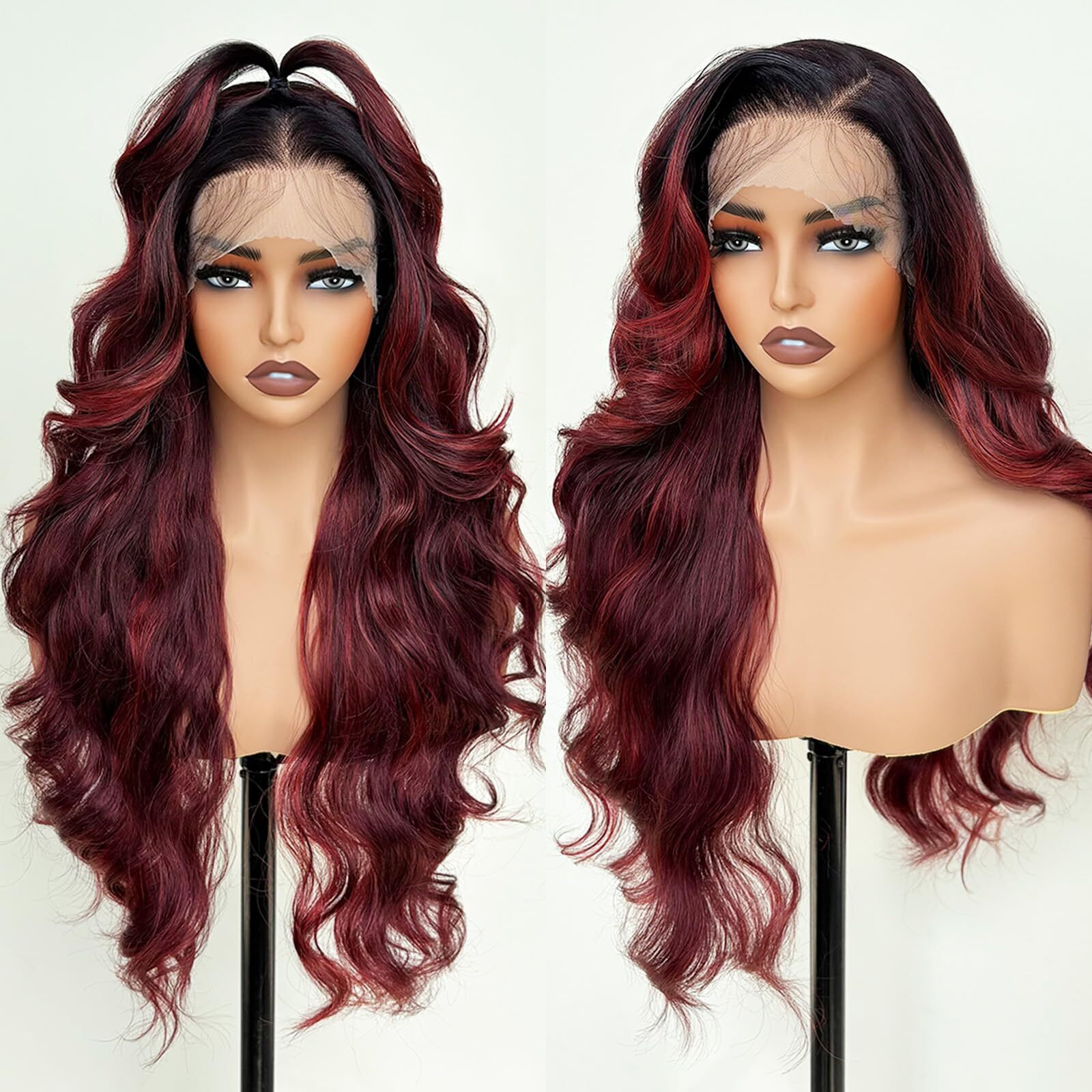 Ugorgeous Burgundy Ombre 26 Inch Hd Lace Front Wigs For White Women Black Women - Pre Plucked Body Wave Synthetic Wig With Tiny Knots 13  6 Pre Layered Natural Hairline Glueless Wigs Fwear And Go