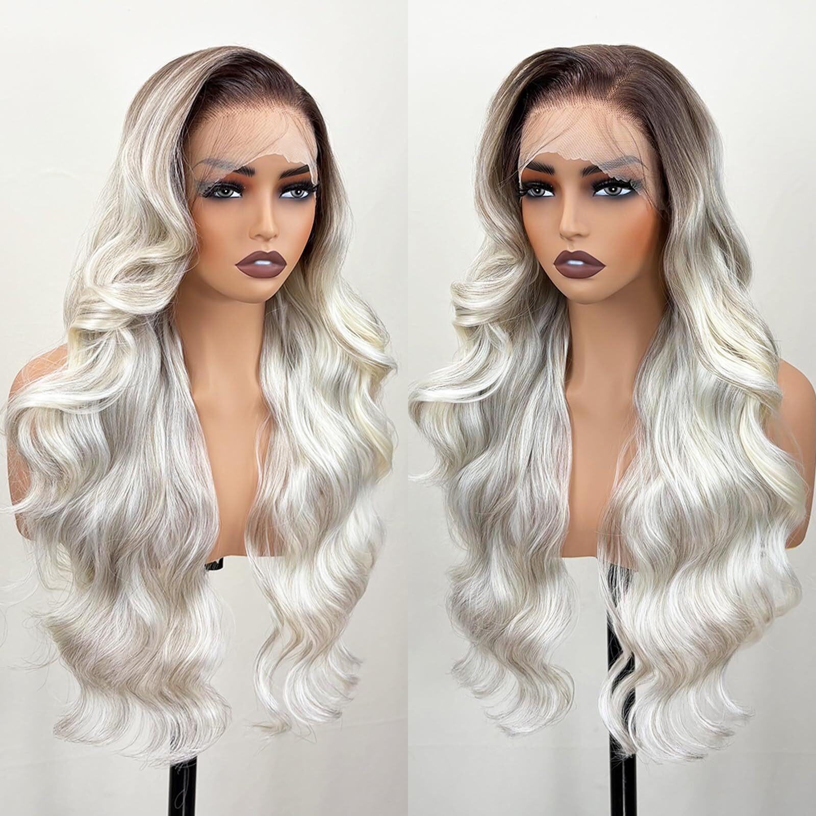 Pre Layered Body Wave Synthetic Lace Front Wig 13  6 Hd Lace Front Glueless Wigs For White Women 26 Inch Pre Plucked Wear And Go Ombre White Grey Tiny Knots Lace Natural Hairline Wigs For Women