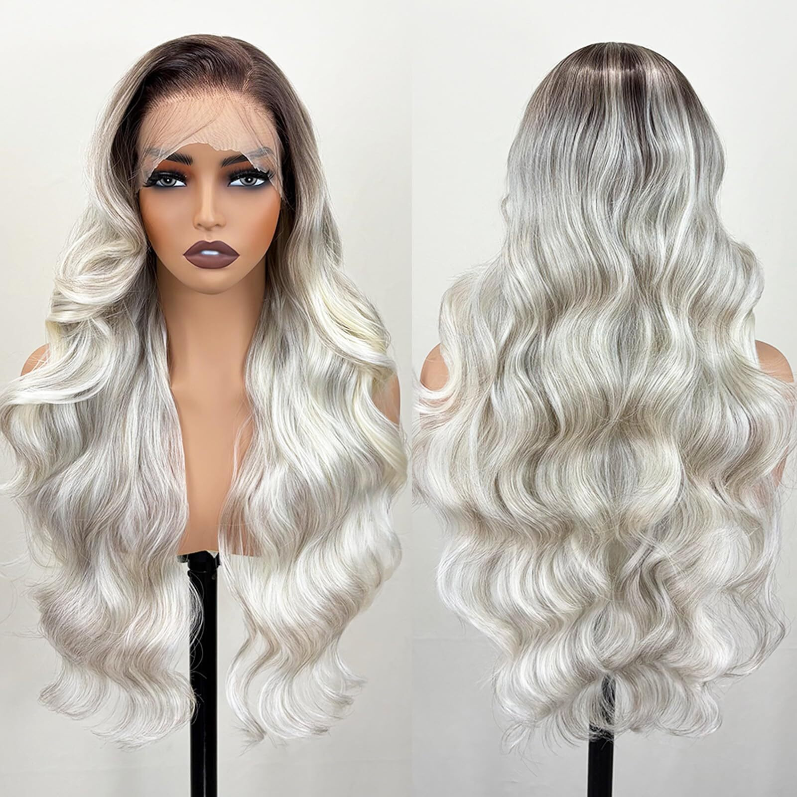 Pre Layered Body Wave Synthetic Lace Front Wig 13  6 Hd Lace Front Glueless Wigs For White Women 26 Inch Pre Plucked Wear And Go Ombre White Grey Tiny Knots Lace Natural Hairline Wigs For Women