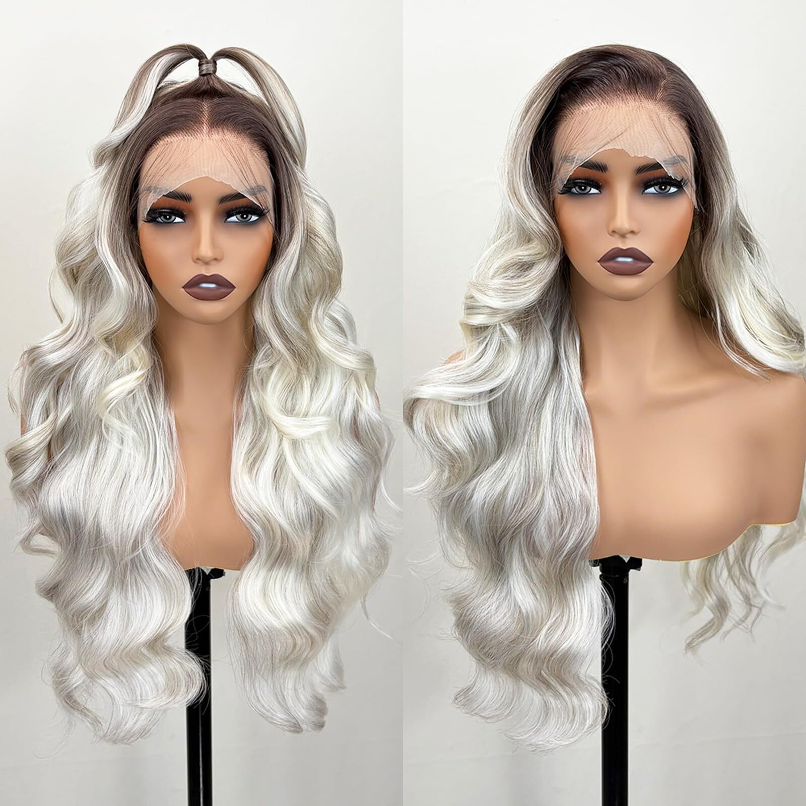 Pre Layered Body Wave Synthetic Lace Front Wig 13  6 Hd Lace Front Glueless Wigs For White Women 26 Inch Pre Plucked Wear And Go Ombre White Grey Tiny Knots Lace Natural Hairline Wigs For Women
