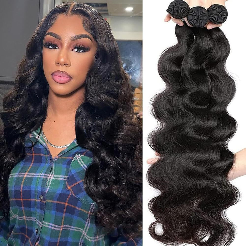 Amskdum 12A Human Hair Bundles 24 26 28Inch Body Wave Bundles Human Hair 100% Unprocessed Brazilian Virgin Weave Bundles Human Hair Extensions 3 Bundles Human Hair Natural Color