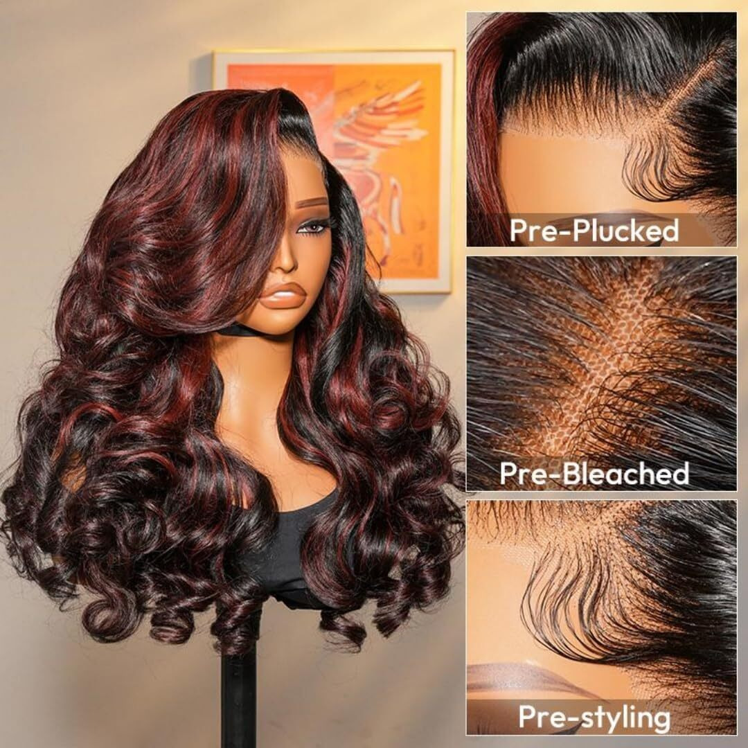 Alipearl Body Wave Lace Front Wigs Layered Cut Curtain Bangs Side Part 13X4 Body Wave Human Hair Highlights 1B/99J Burgundy Glueless Wigs With Baby Hair 16 Inch