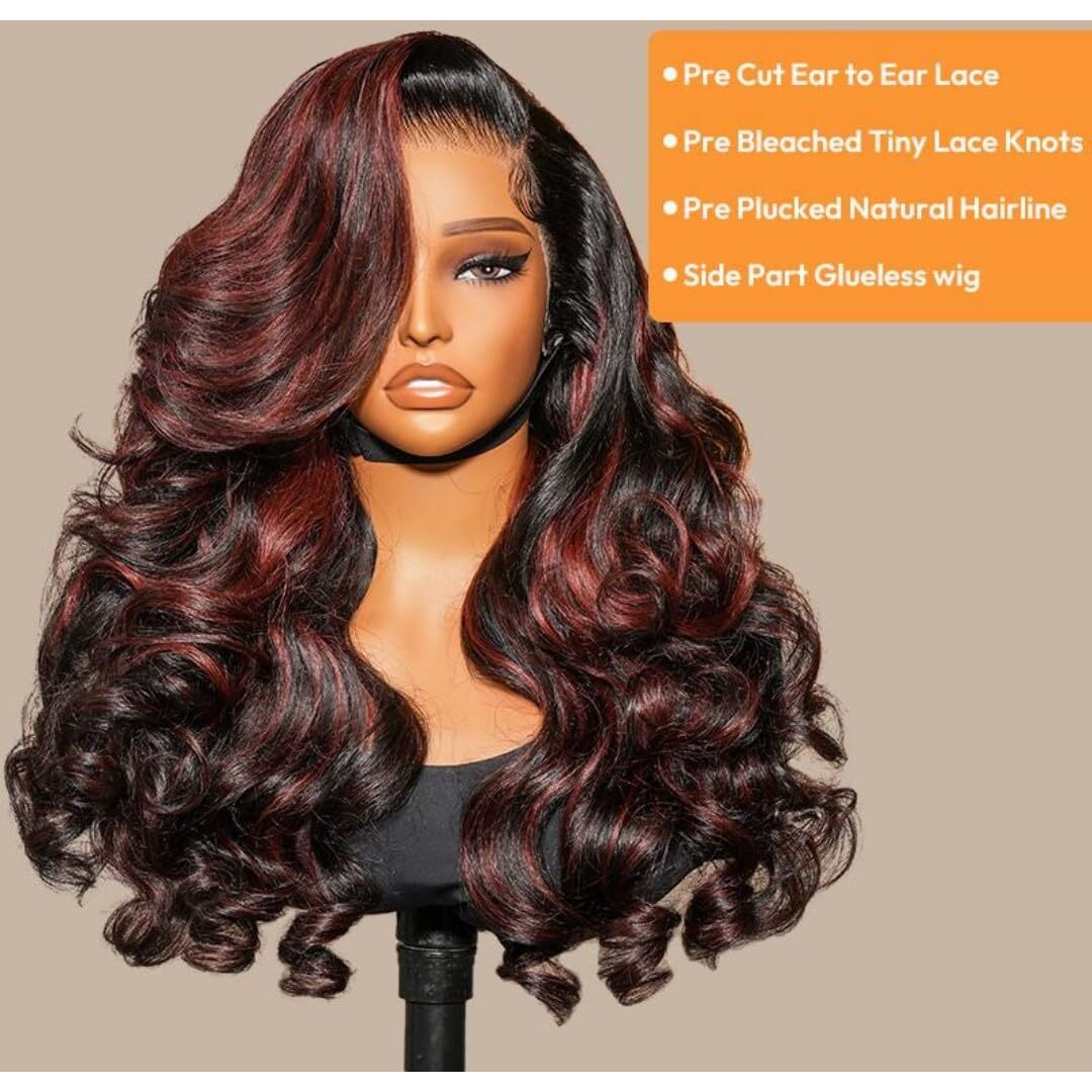Alipearl Body Wave Lace Front Wigs Layered Cut Curtain Bangs Side Part 13X4 Body Wave Human Hair Highlights 1B/99J Burgundy Glueless Wigs With Baby Hair 16 Inch