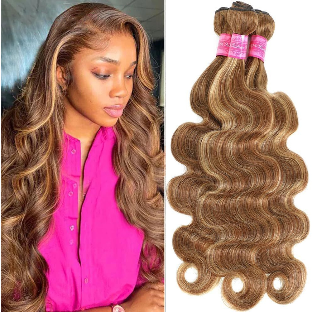 Honey Blonde Highlight Body Wave Bundles 100% Unprocessed Brazilian Virgin Hair Ombre Highlight Body Wave 3 Bundles For Black Women Double Weft