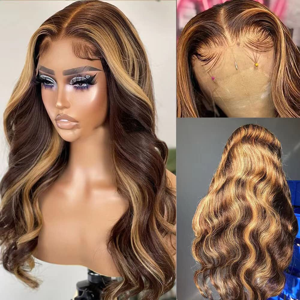 Keabalo Highlight Ombre Lace Front Wig Human Hair Pre Plucked With Baby Hair 13X4 Body Wave Frontal Wig 180% Density 4/27 Colored Honey Blonde Lace Front Wig For Women 34 Inch