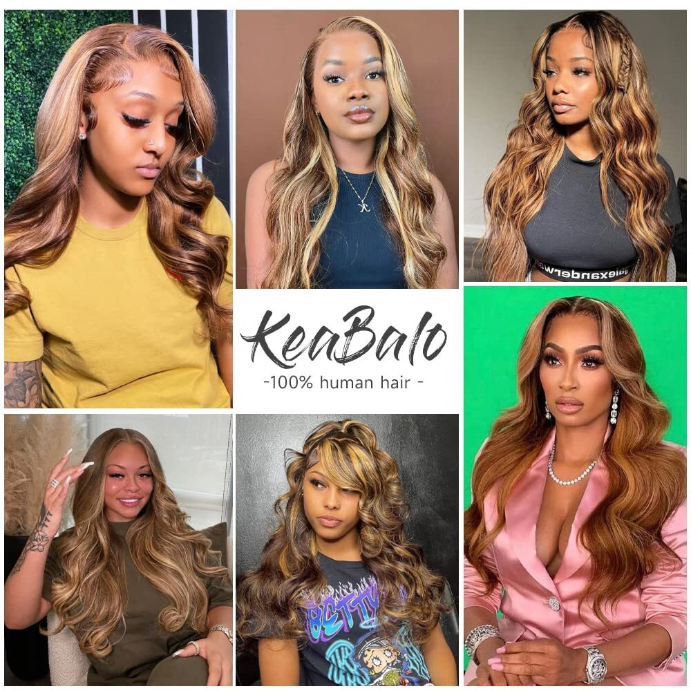 Keabalo Highlight Ombre Lace Front Wig Human Hair Pre Plucked With Baby Hair 13X4 Body Wave Frontal Wig 180% Density 4/27 Colored Honey Blonde Lace Front Wig For Women 34 Inch