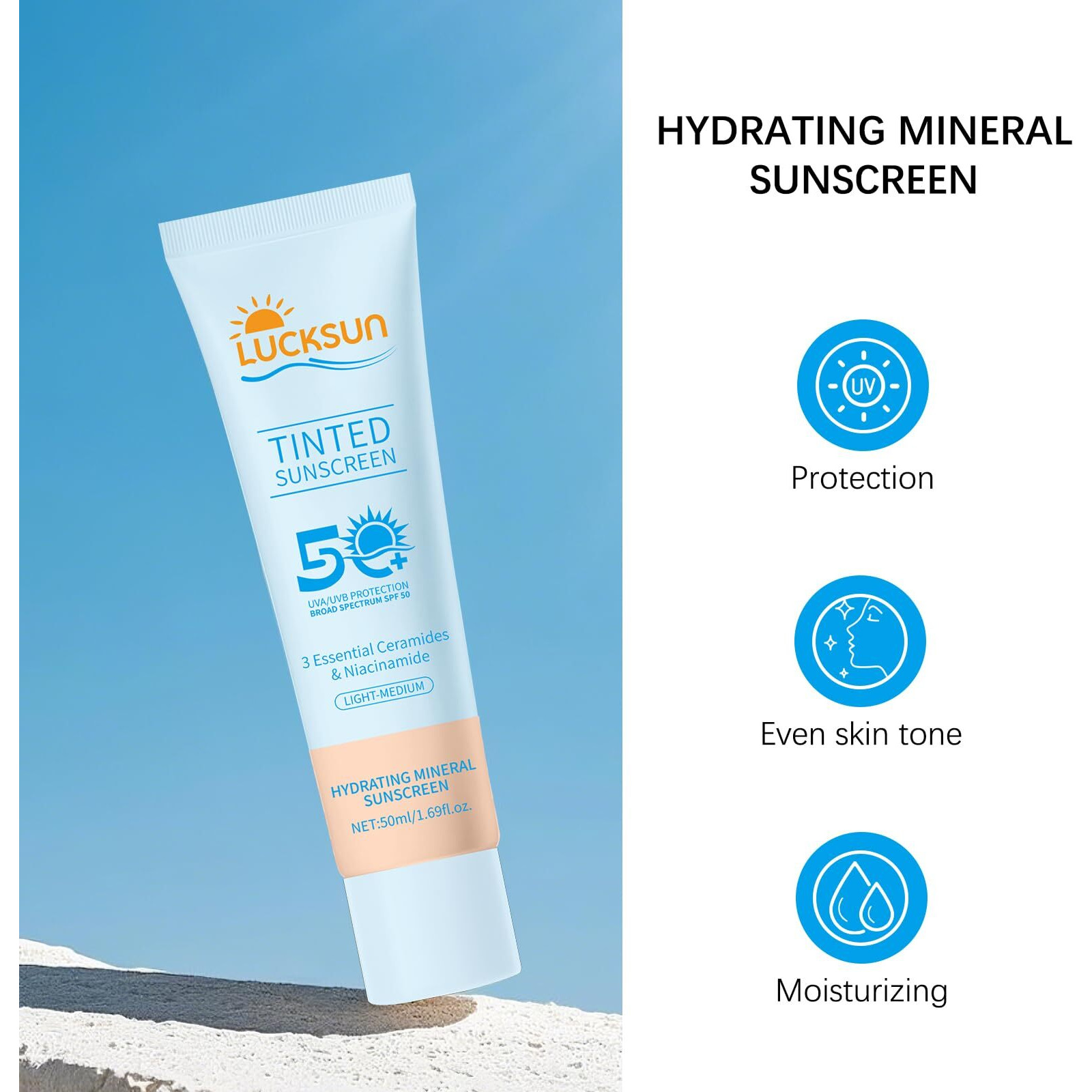Tinted Sunscreen For Face Spf 50, 2 Pcs Defense Spf 50 Face Sunscreen Lotion With Hyaluronic Acid, Sun Essence Faces Sunscreens, Hydrating, Moisturizing, Uv Defense, Travel Size (Medium Color)