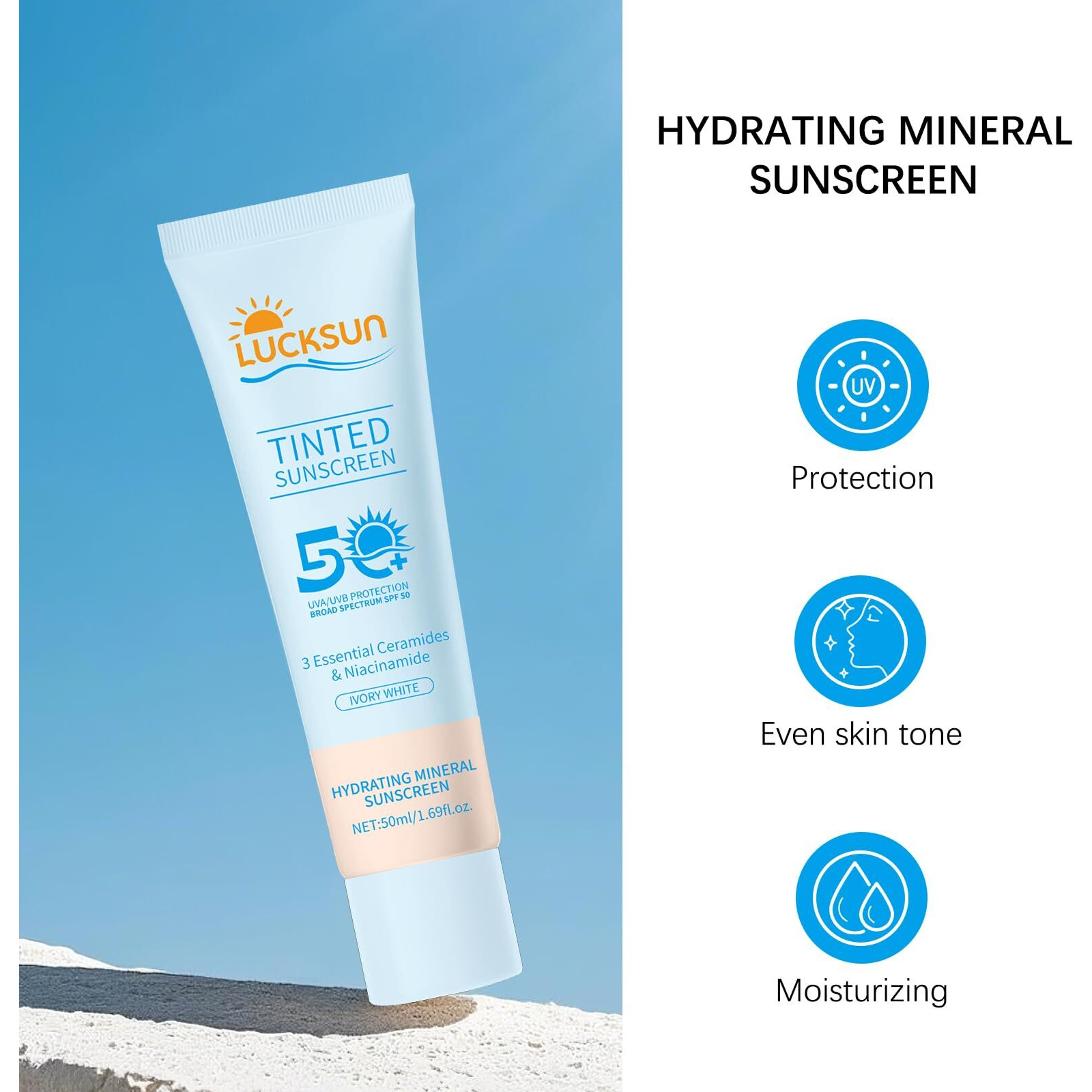 Tinted Sunscreen For Face Spf 50, 2 Pcs Defense Spf 50 Face Sunscreen Lotion With Hyaluronic Acid, Sun Essence Faces Sunscreens, Hydrating, Moisturizing, Uv Defense, Travel Size (Light Color)