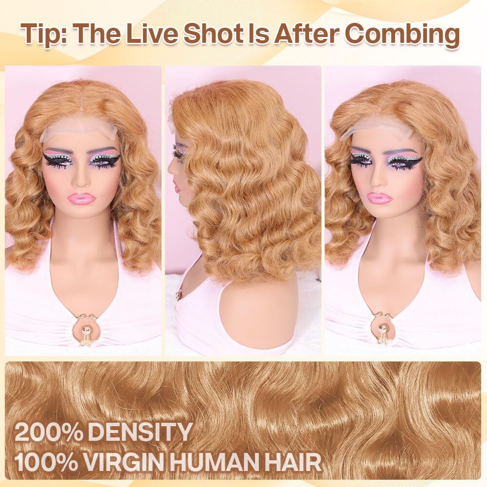 Omswet Honey Blonde Body Wave Closure Bob Wig Human Hair 5X5 Hd Lace Wear And Go Blonde Wigs For Women Human Hair Glueless Pre Plucked Pre Bleached Human Hair Wig 200 Density 16 Inch Short Blonde Wig