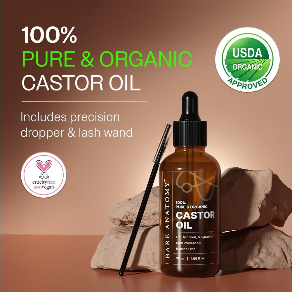 Bare Anatomy 100% Pure & Organic Castor Oil -Cold Pressed, Unrefined, Usda Certified, Hexane-Free | For Hair Growth, Thicker Eyelashes & Eyebrows| Suitable For Body, Skin & Nails | 50 Ml