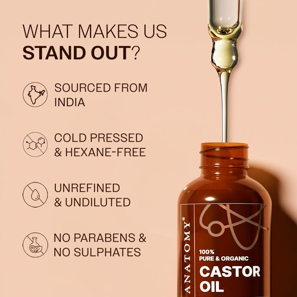 Bare Anatomy 100% Pure & Organic Castor Oil -Cold Pressed, Unrefined, Usda Certified, Hexane-Free | For Hair Growth, Thicker Eyelashes & Eyebrows| Suitable For Body, Skin & Nails | 50 Ml