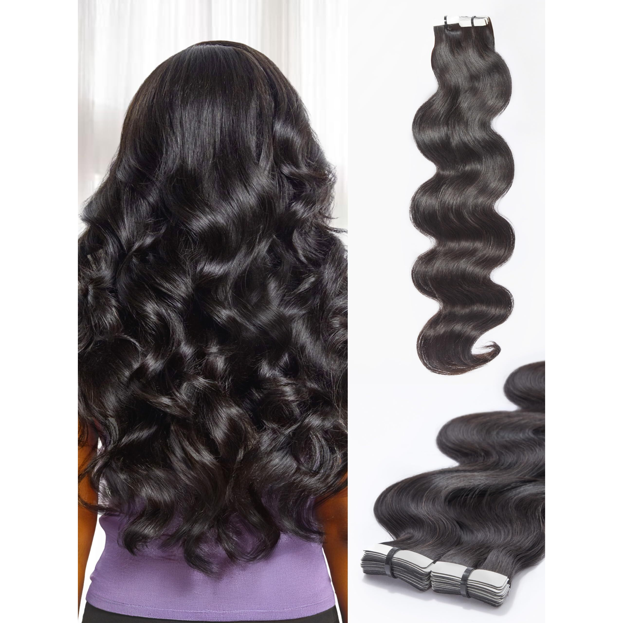 Luvme Real Human Hair Tape In Extensions Body Wave Natural Black 20Inch 40Pcs 110G Double Sided Tape For Skin Weft Hair Extensions Black Seamless In Hair Extensions Human Hair